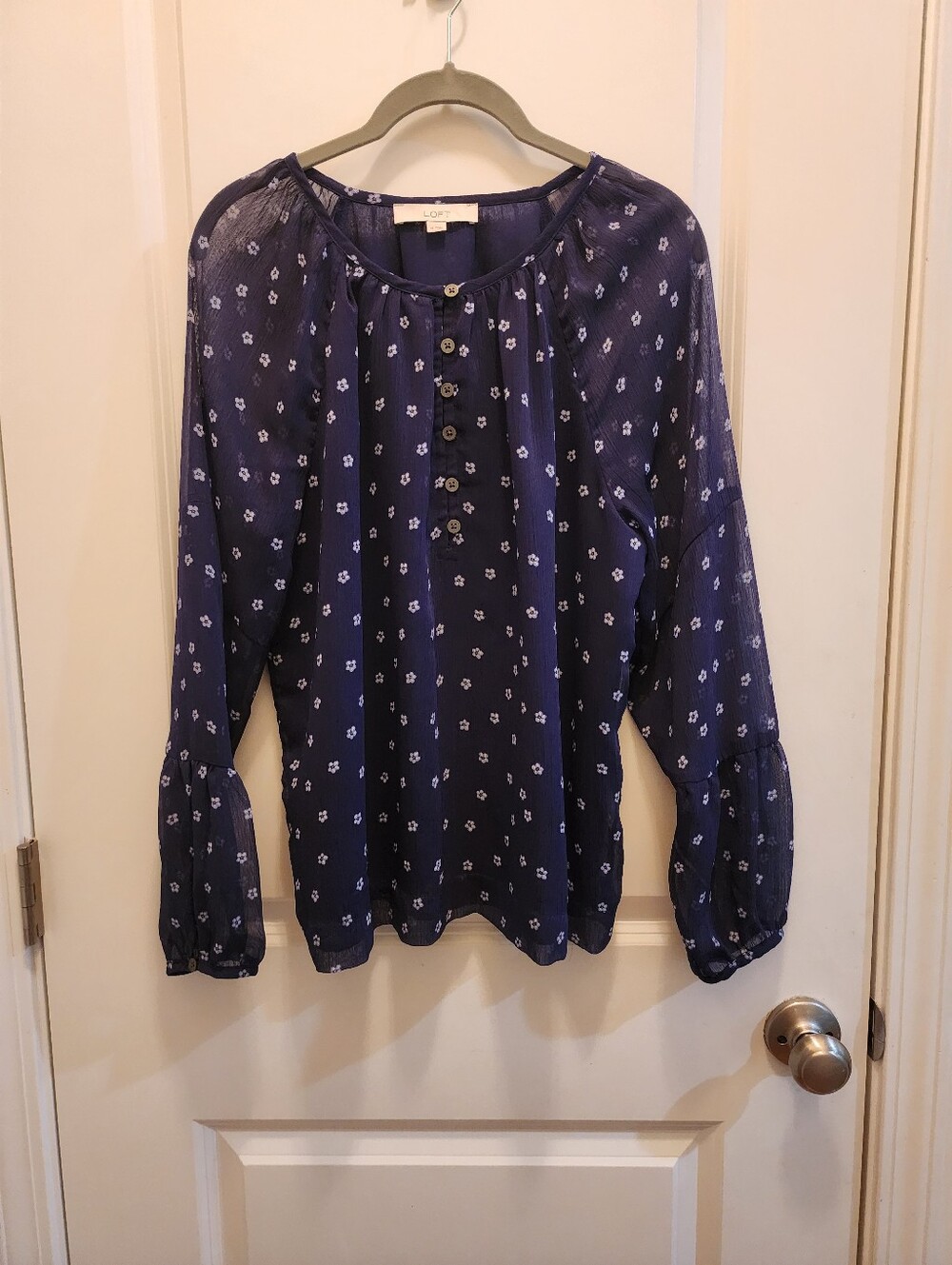 LOFT Navy Floral Button-Front Peasant Top